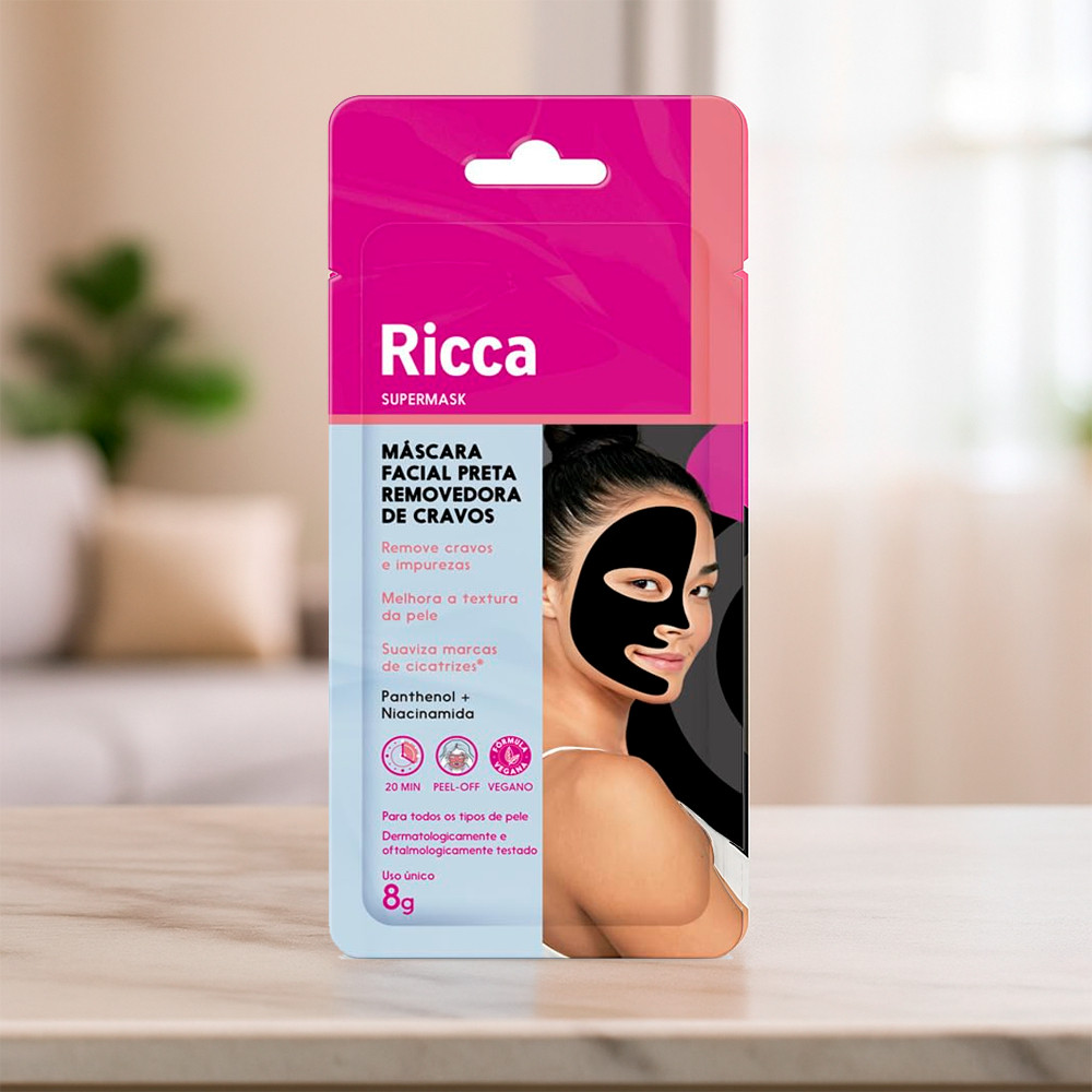 Máscara Preta Limpeza Facial Ricca 8g Remove Cravos Impurezas Renovação da Pele Controla Oleosidade
