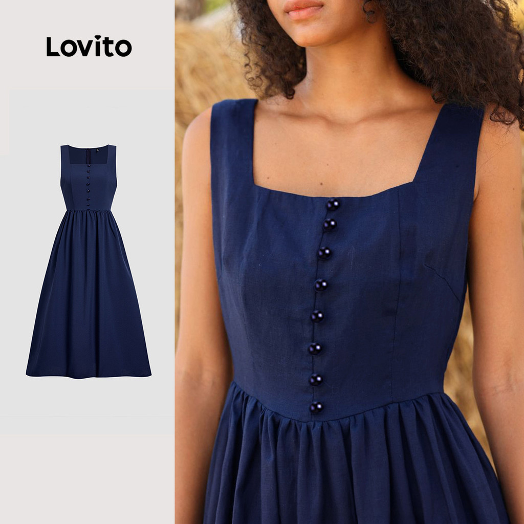 Lovito Botão de Vestido Elegante Tecido Suave Vestido de Primavera/verão Azul Marinho para Mulheres LBL26185 em Oferta na Shopee