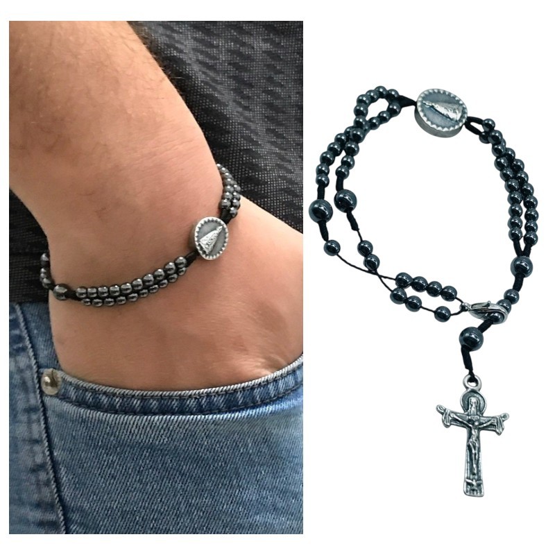 Pulseira Terço de Pulso Nossa Senhora Aparecida Hematita 4 mm