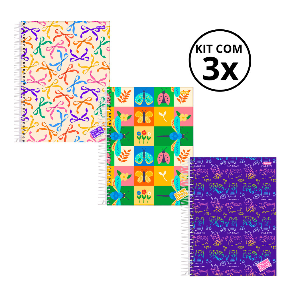 Kit 03 Cadernos Universitário 15 Matérias 240 Folhas Stella - Jandaia CAPA:Laço/Jardim/Gato