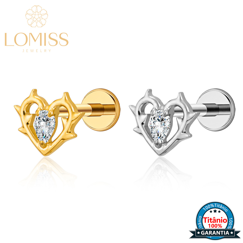 Piercing Labret Coração Vazado Titânio Pvd Zircônia Cravejada | Helix | boca | Ponto de Luz Conch Tragus