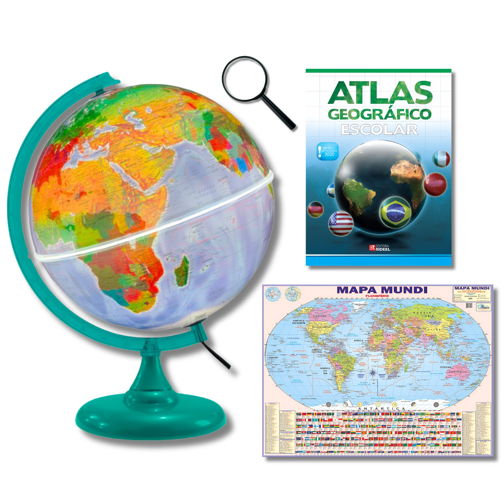 Globo Terrestre Físico Político Base Verde C/Luz 30cm + Mapa Mundi + Atlas + Lupa