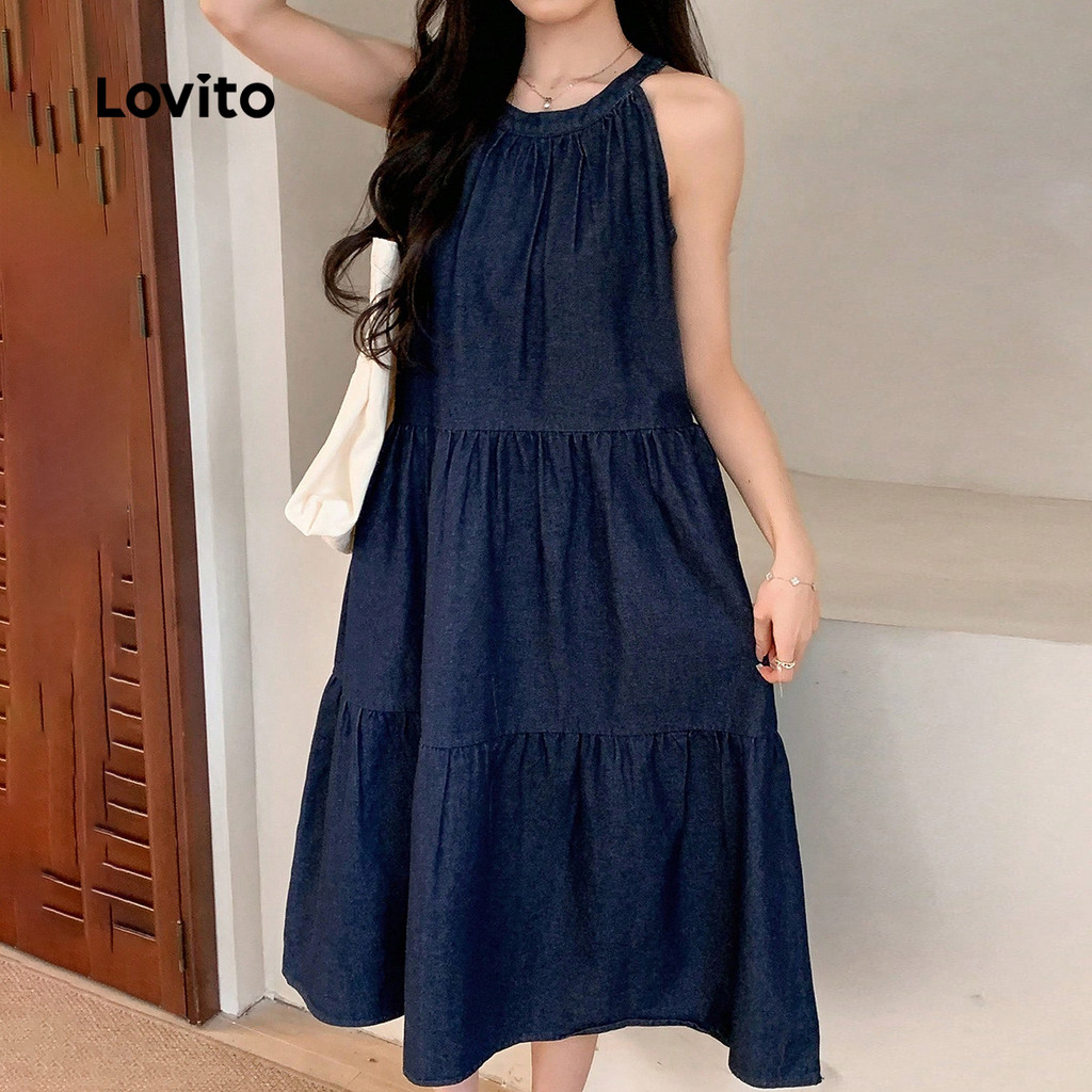 Lovito Vestido Casual De Férias Com Camadas E Botões De Boa Textura Azul Escuro Para Primavera/verão L141LD054 em Oferta na Shopee