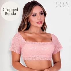 Cropped Feminino de Renda de Luxo com Manga Ciganinha Sutiã Sem Bojo Lingerie Feminina