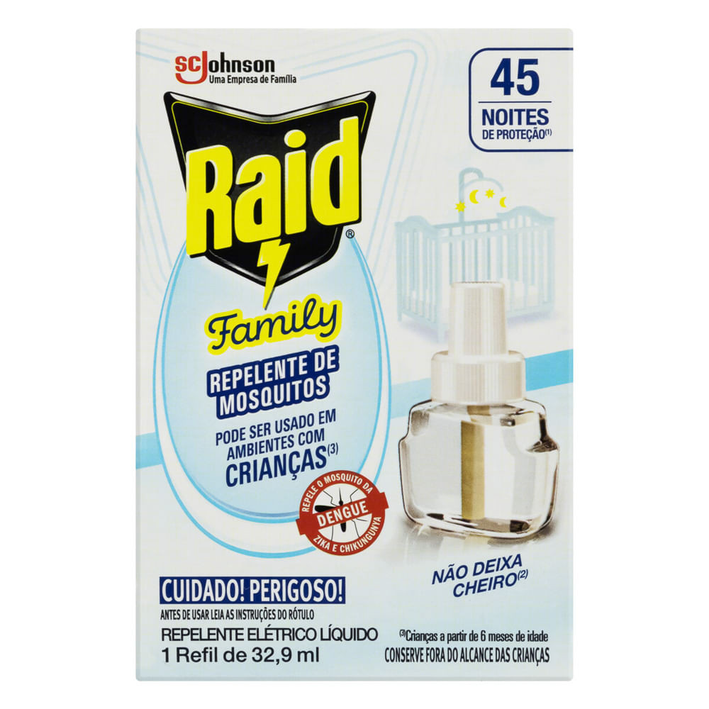 Repelente Elétrico Líquido Raid Family 45 Noites Refil 32,9ml - Beauty