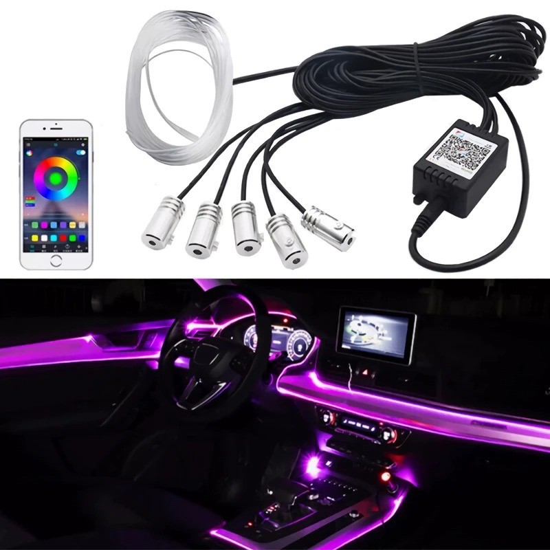 Fita Led Luz Interna Neon Painel Carro Tunning Rgb Bluetooth atmosphere car light controle por app flexível 12v 6 metros
