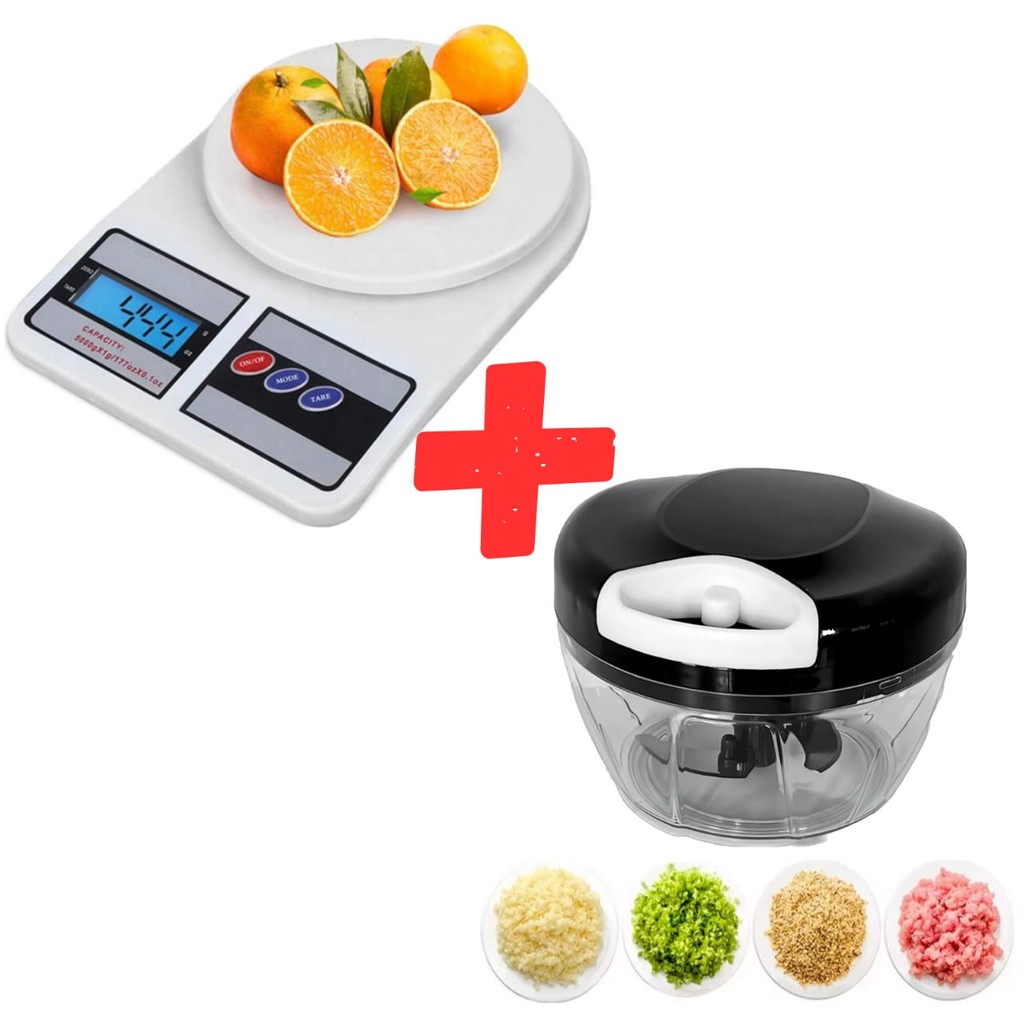 Kit Balança Digital de Cozinha 10kg + Processador Triturador Manual de Alimentos 500 ML
