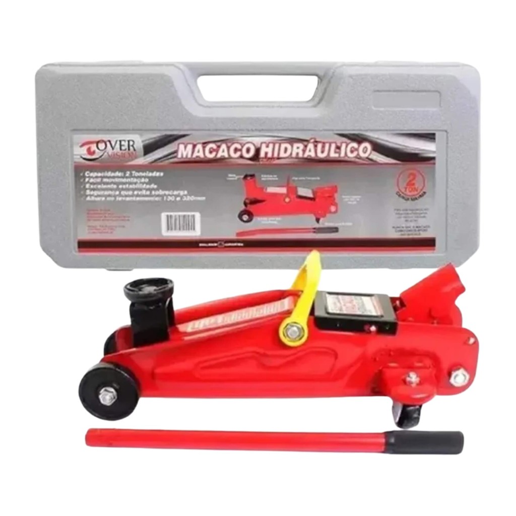 Macaco Hidráulico Jacaré 2T com Maleta Plástica Overvision MAC-0001 Ferramenta Automotiva Roda Pneu