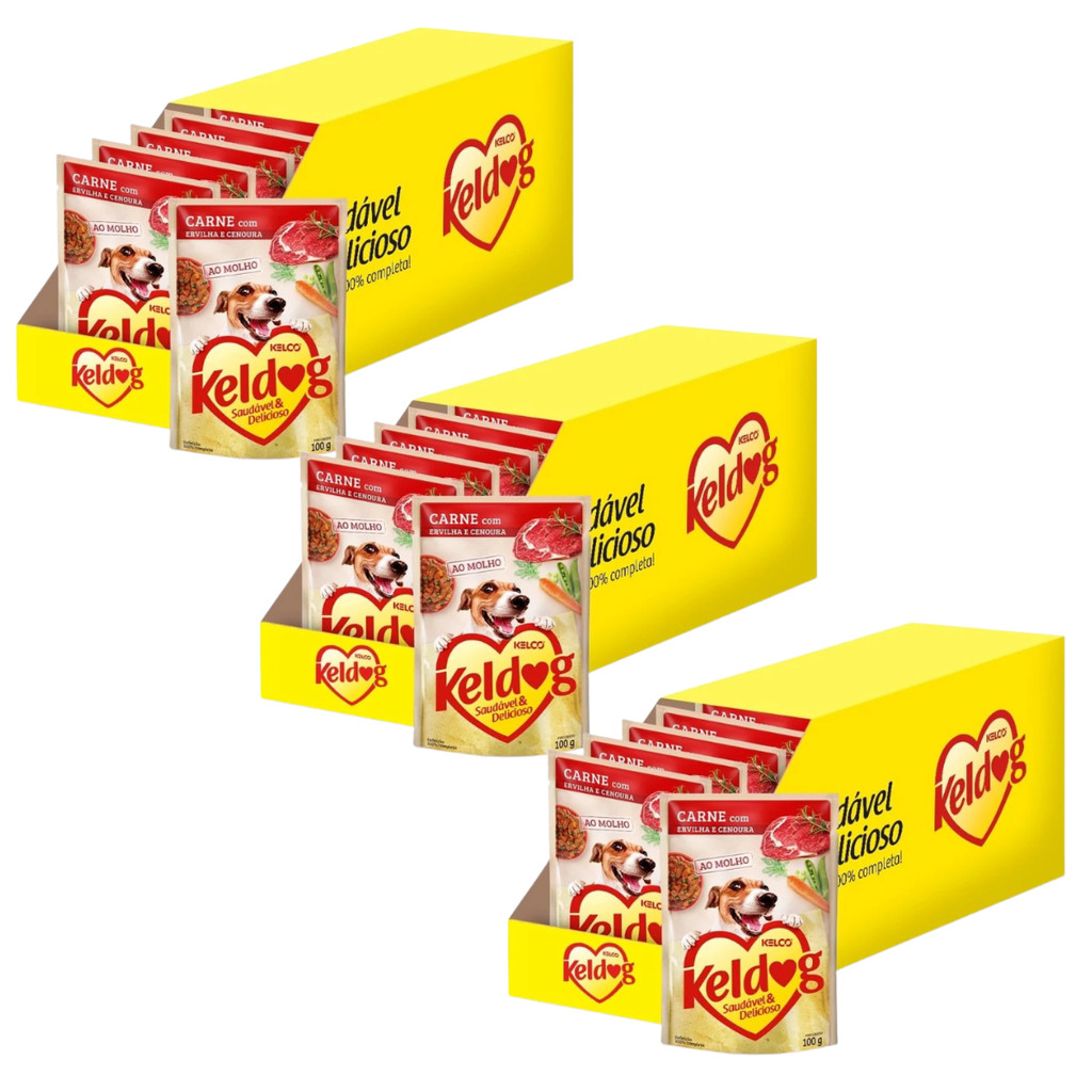 Kit 3 Caixas Com 20un Ração Úmida Keldog Carne Com Ervilha e Cenoura 100 g