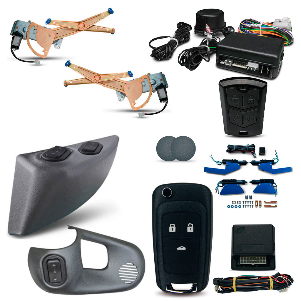 Kit Vidro Eletrico + Trava + Alarme Com Canivete especifico Corsa Classic 4 Portas Dianteiro (1996/2016) Com 3 botões