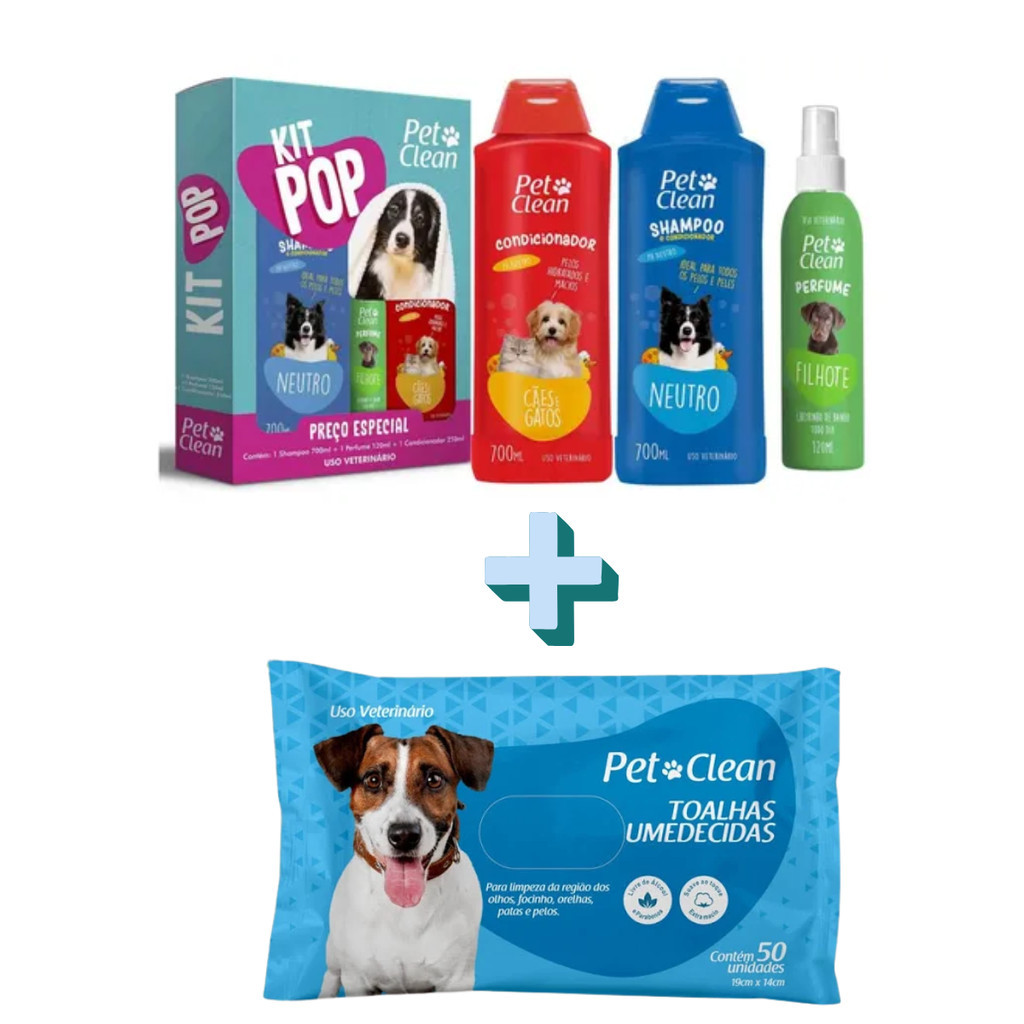 Kit Banho Pet Clean Pop – Shampoo, Condicionador, Perfume e Lenço Umedecido para Cães