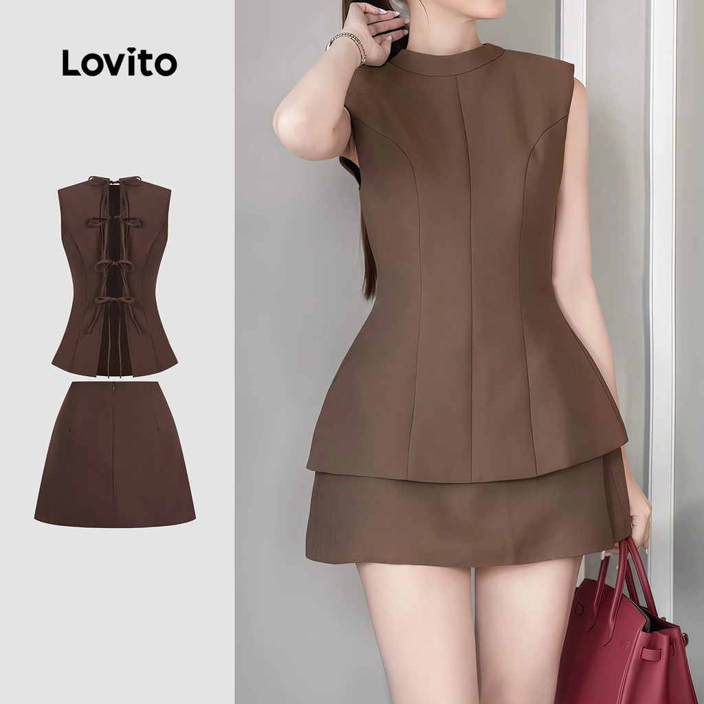 (New) Lovito Conjuntos de Saia Elegantes com Laço Nas Costas e Decote Aberto  para Primavera/verão  Top marrom L142ED436 em Oferta na Shopee