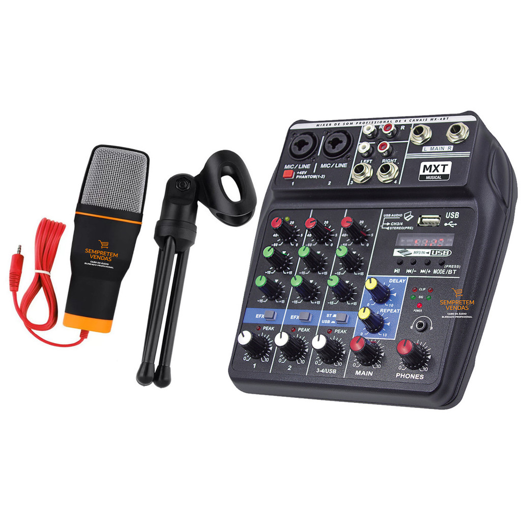 Kit Mesa de Som 4 Canais Microfone de Mesa Pro Condensador