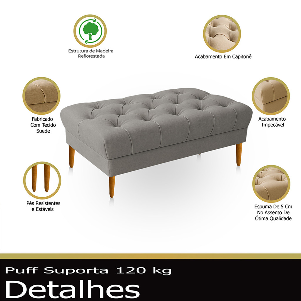 Puff Retrô Luiz XV Capitonê Retangular 100 cm Estofado Decorativo Sala de Estar Suede Cinza Claro