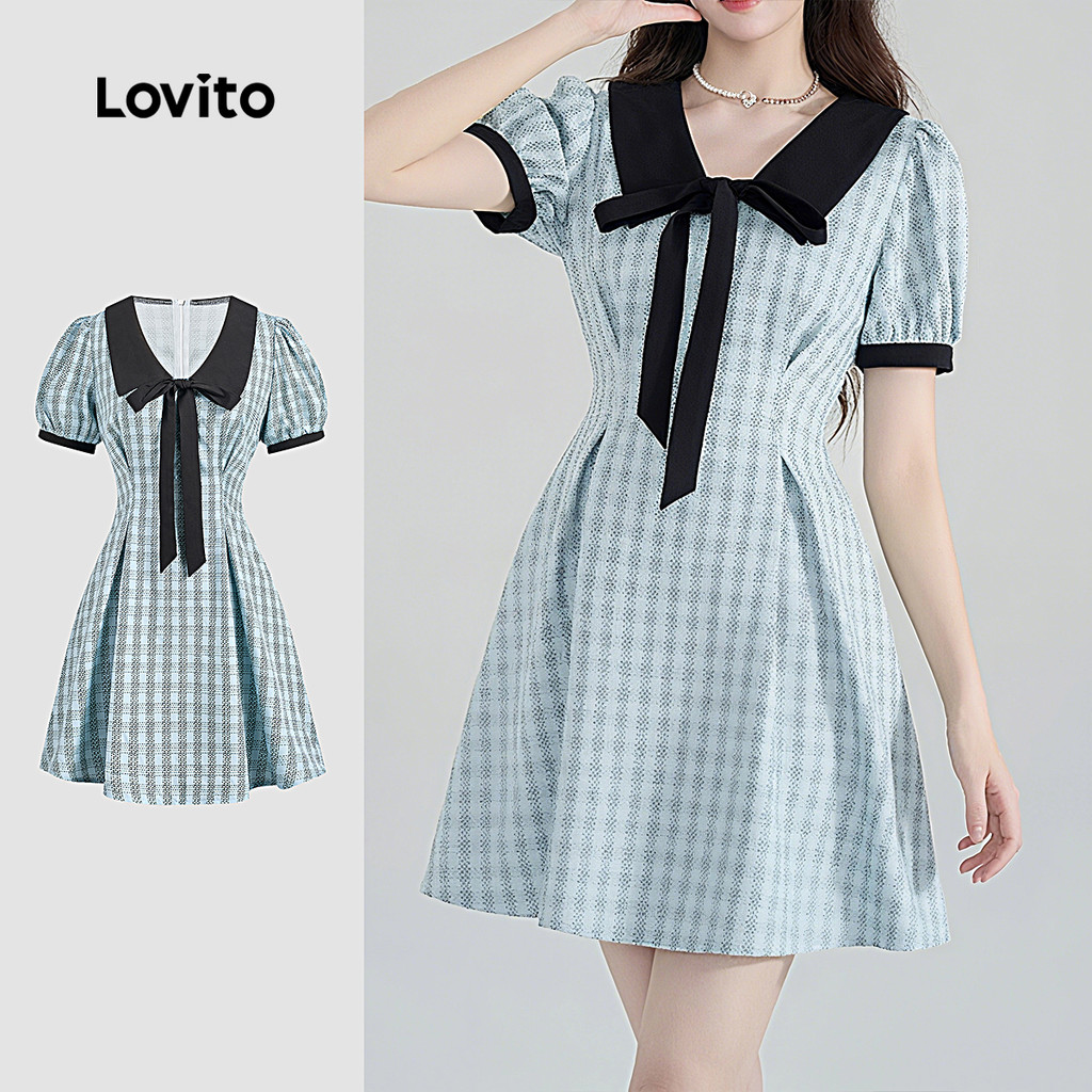 (New) Lovito Vestido Casual com Laço de Primavera/verão Azul para Mulheres L151AD042 em Oferta na Shopee
