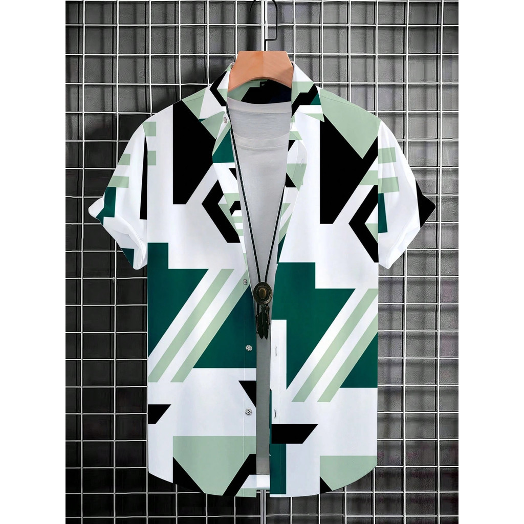 Camisa Havaiana Lelaki Estampa Geométrica 3D Manga Curta Retrô Floral Designer De Moda