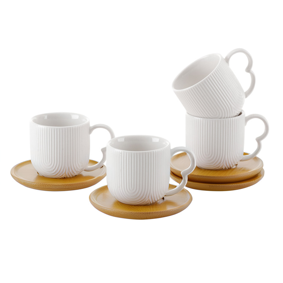 Jogo 4 Xicaras De Café Porcelana com Pires Bambu 90ml Oásis