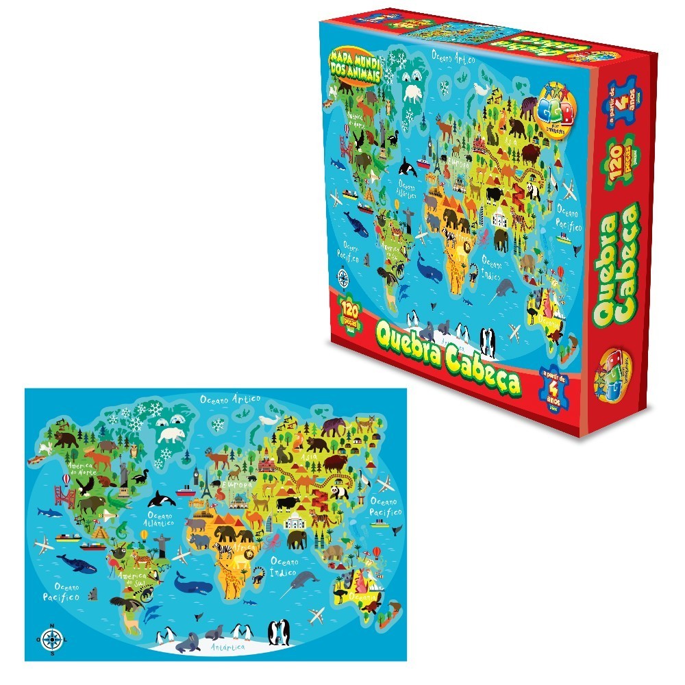 Quebra Cabeça Infantil Mapa Mundi dos Animais Puzzle 120 Pc