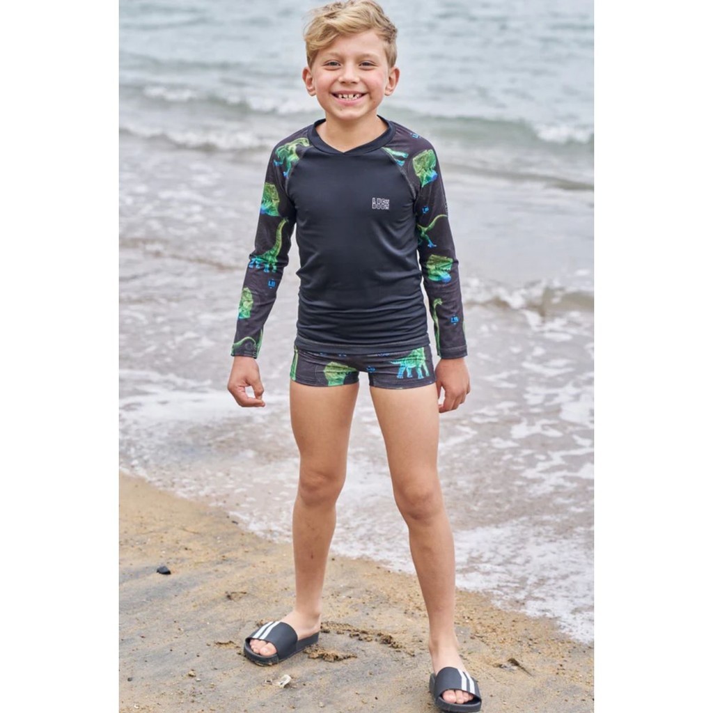 Conjunto Menino de Camiseta Manga Longa e Sunga em Malha UV Dry com Proteção UV 50+ 74950 Estampa Dinossauro Infantil Praia Piscina - LucBoo