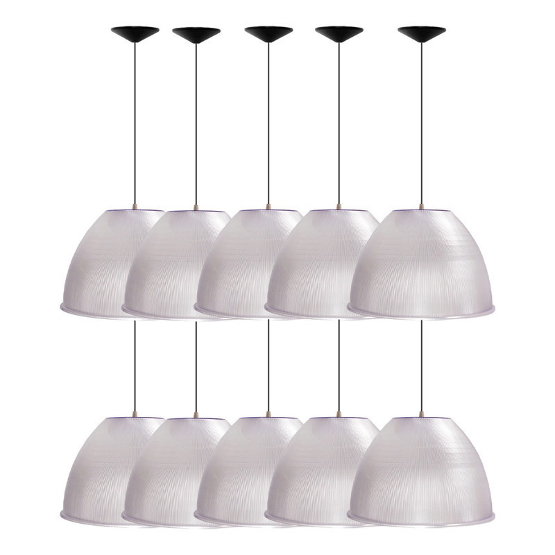 Kit 10 Luminárias Pendente Prismatico Para Galpão Industrial 16 Pol 40cm Cristal Cabo 1,1M Prismatica