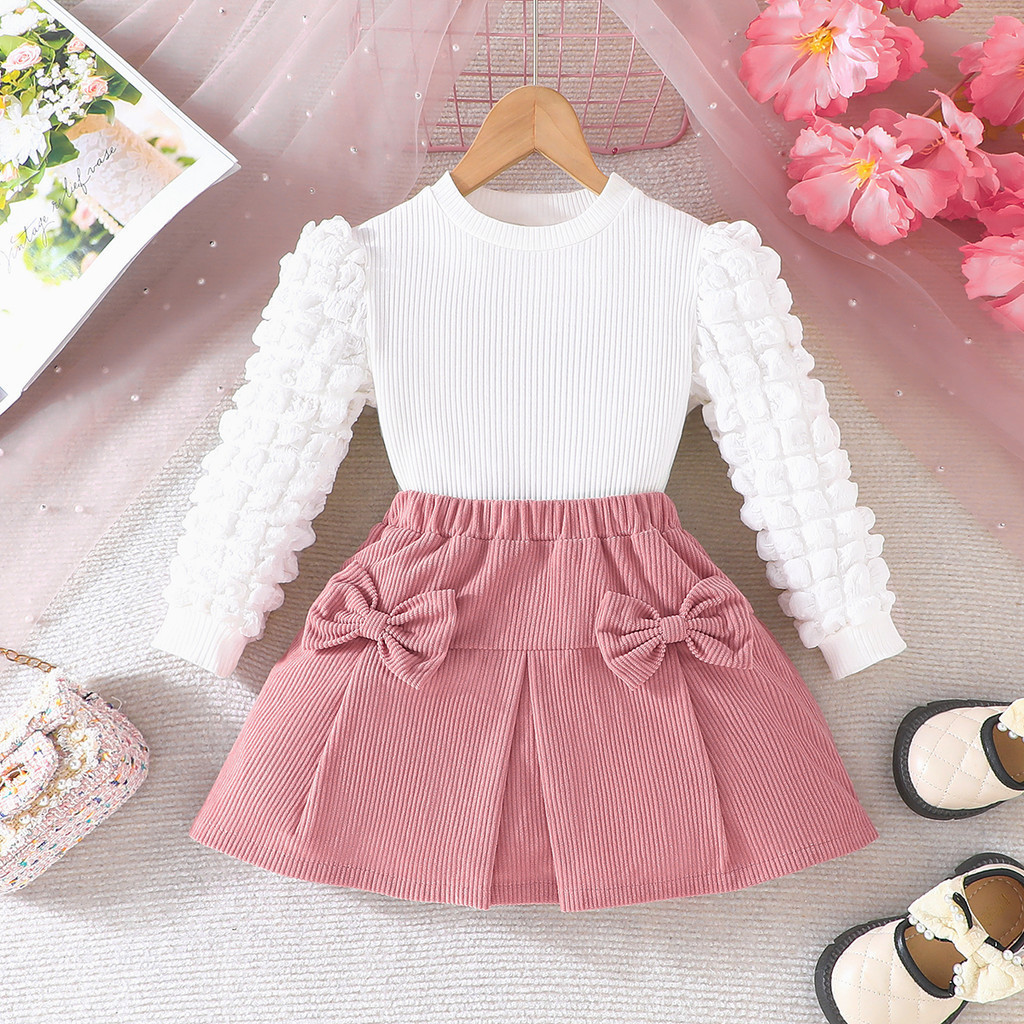 Conjunto Menina 4-8 Anos Moda Mangas Longa De Algodão Blusa Com Veludo Saia Curta Para Beb...
