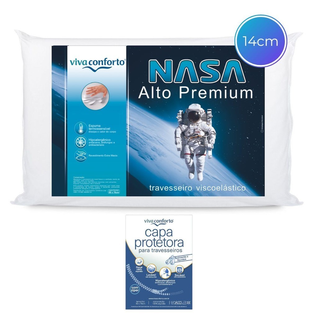Travesseiro Nasa Alto Viva Conforto Original Antiácaro Altura 14cm + Capa Protetora Impermeável