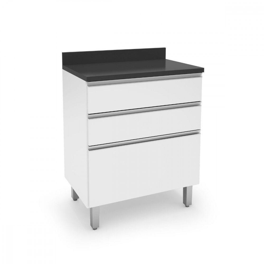 Balcão de 3 Gavetas Top Class Branco com Tampo Preto Batrol - Home & Living