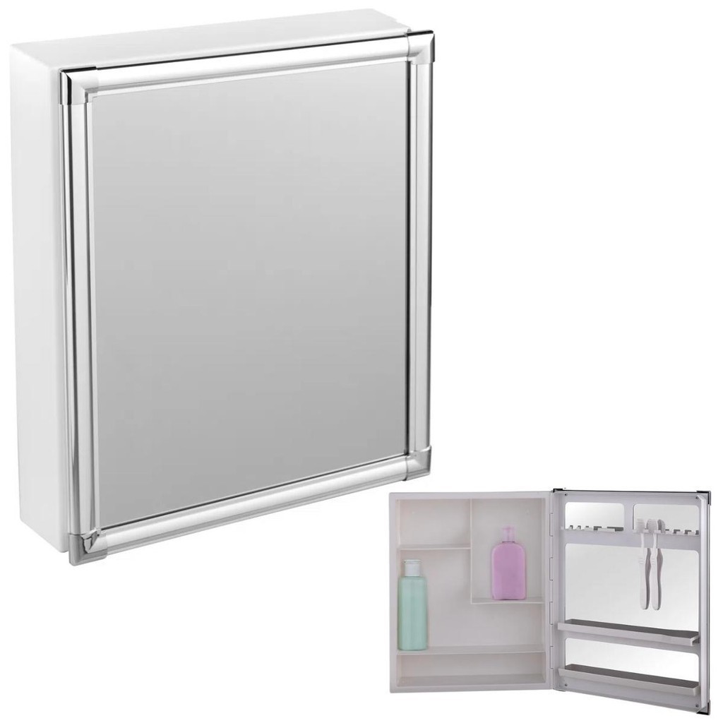Armário Banheiro Espelheira Sobrepor Branco com Perfil de Alumínio 36x10x45cm 01 Porta Astra Espelho Elegante Casa