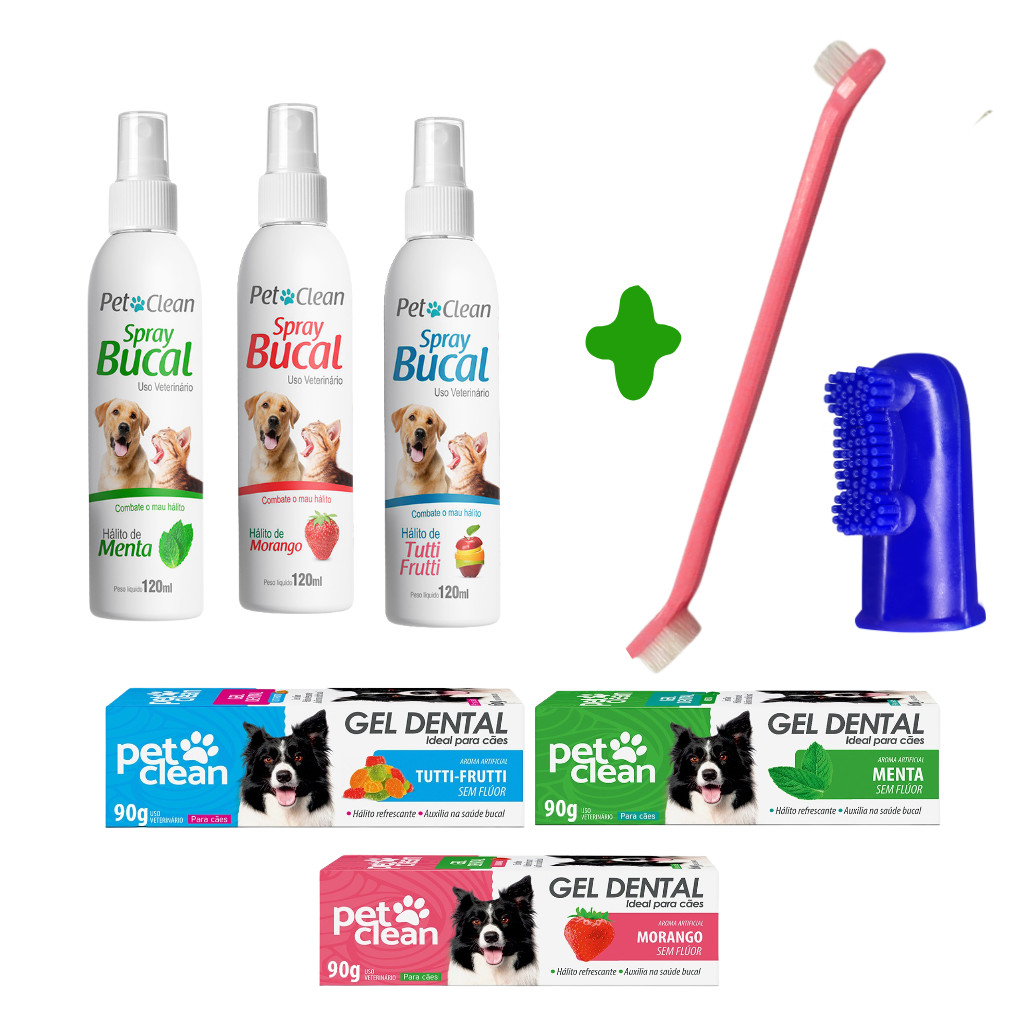 Kit Higiêne para Cachorro Spray Bucal + Pasta Dente + Escova + Dedeira Pet 90g