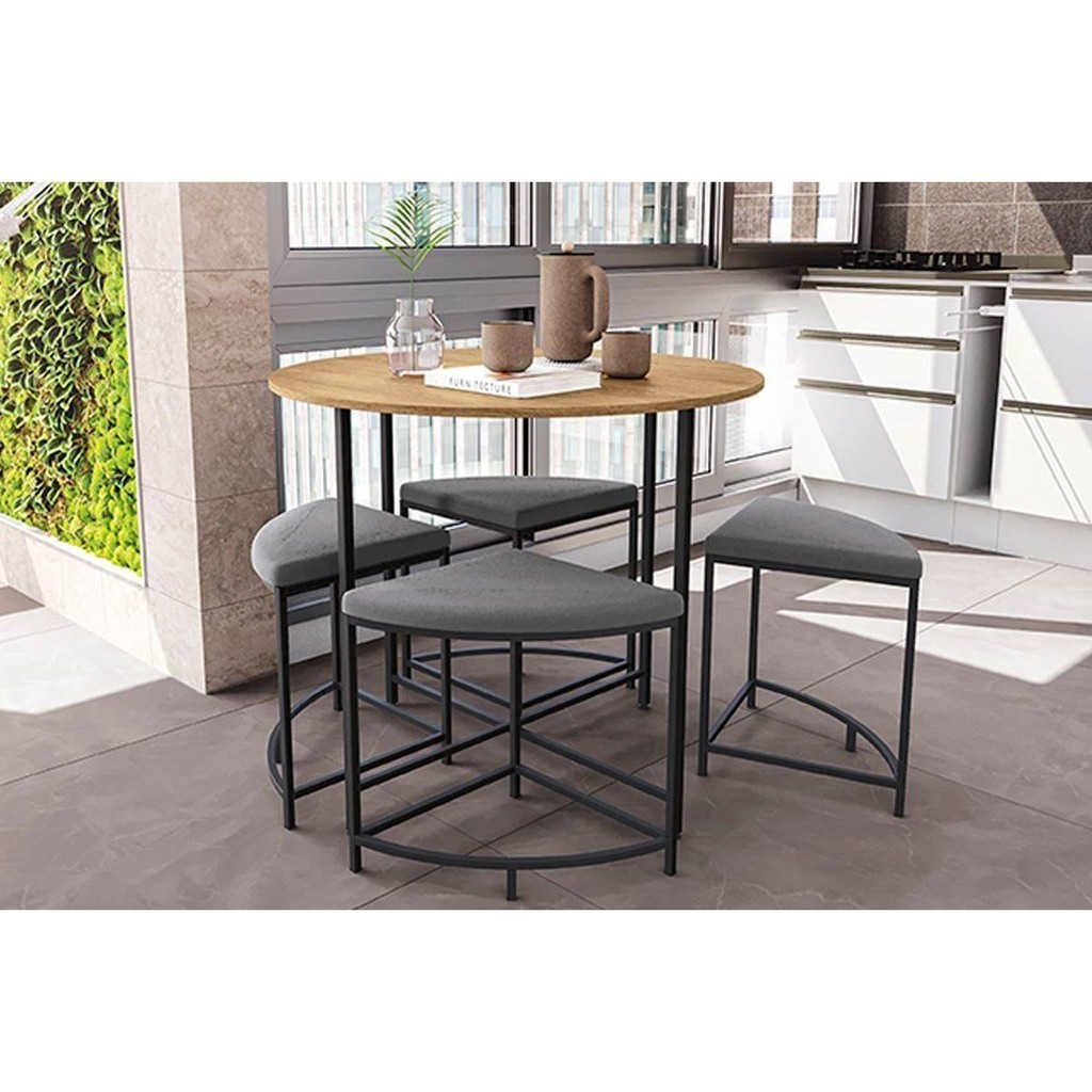 Mesa de Sala Jantar LI038 c/Tampo Madeirado 90 cm + 4 Banquetas Freijó/Preto Fosco - Kappesberg - Home & Living