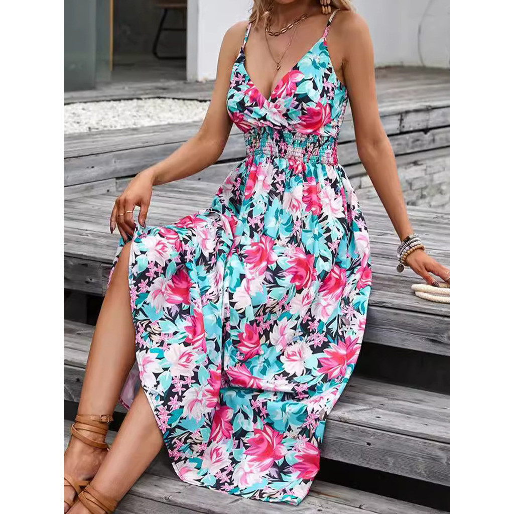 Vestido de cinta Impresso Vestido Longo Vestido Sem Mangas Vestido de Verão Vestido De Cintura Elástica Decote