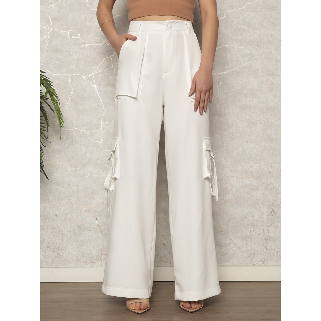 Calça Cargo Feminina Pantalona Com Bolso
