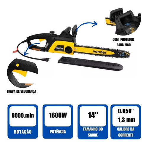 Motosserra Elétrica Vonder EV1600 1600W Sabre 14" Corte Poda Lenha Árvores Galho