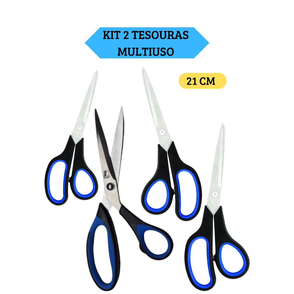 Kit 2 Tesouras Multiuso Grande 21 cm Aço Inox  Cabo Preto Masterprint