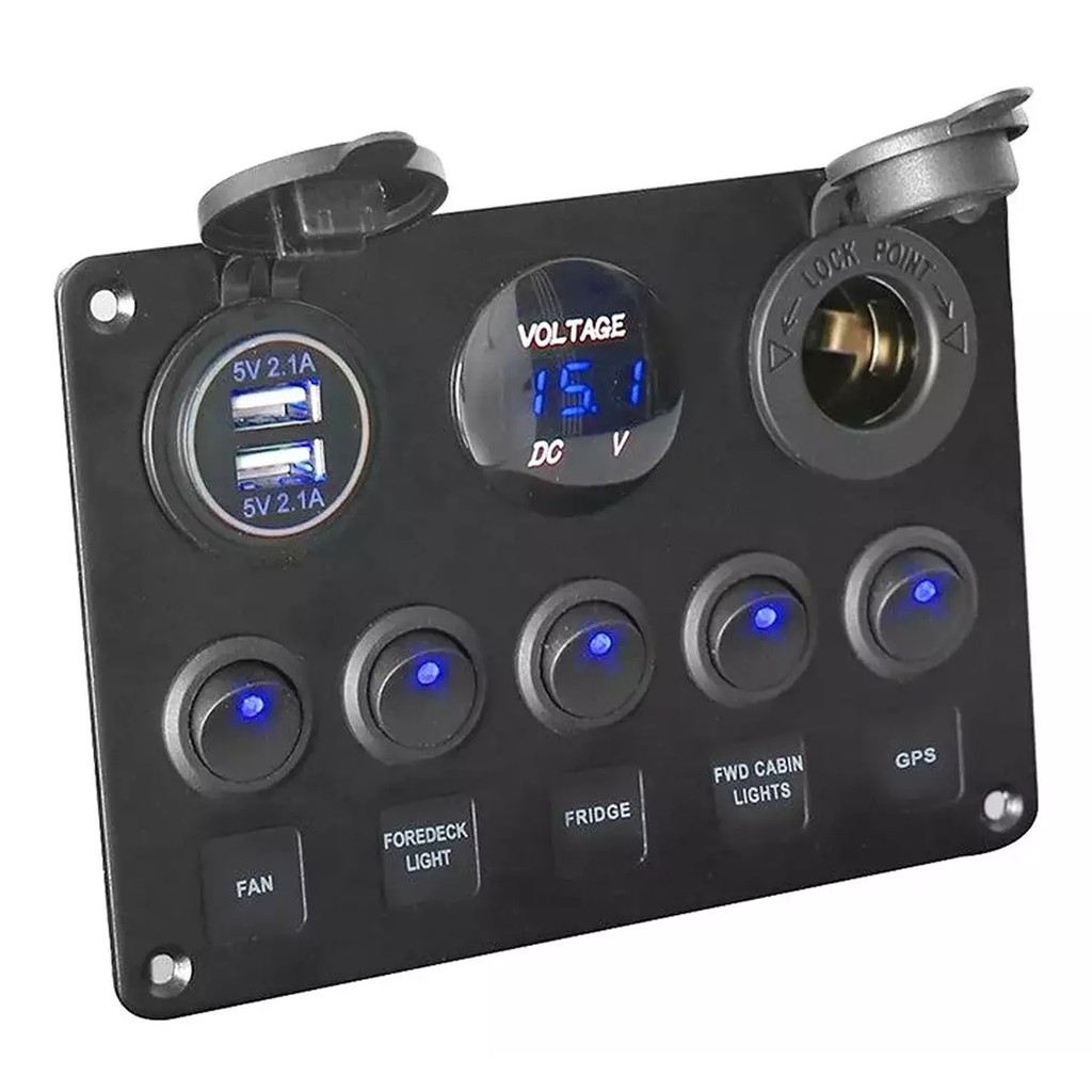 Painel Marinizado 5 Botões + USB + Voltímetro + 12V Led Azul