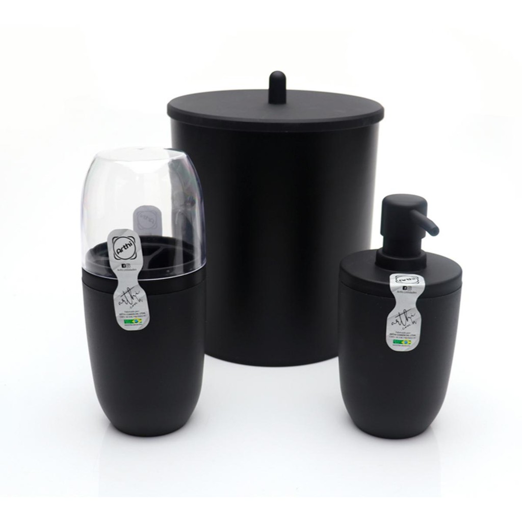 Kit Lixeira + Porta Escovas com Tampa + Porta Sabonete Liquido 9063 - Arthi em Oferta na Shopee
