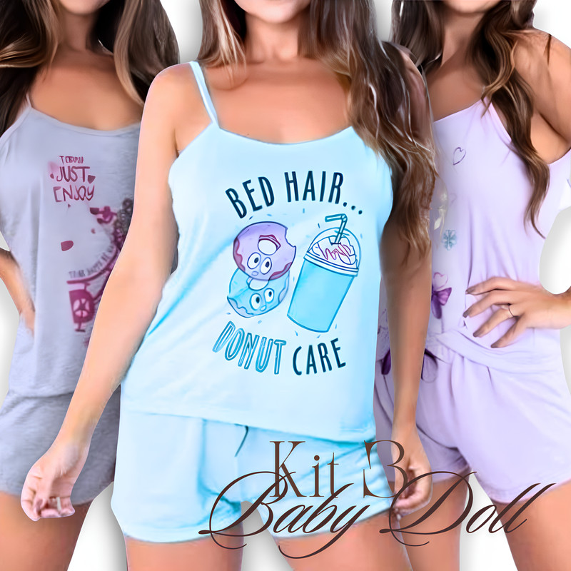 Kit 3 Baby Doll Feminino Malha Short Doll Pijama Verão Conjunto Feminino Estampado Pijamas Baby Dool