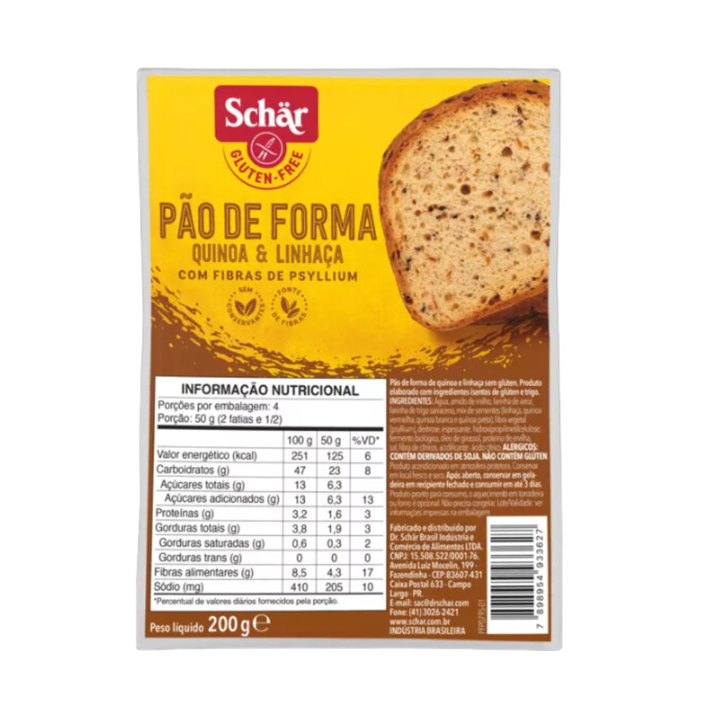 Pão de Forma Quinoa e Linhaça Schar Sem Glúten e Sem Lactose 200g