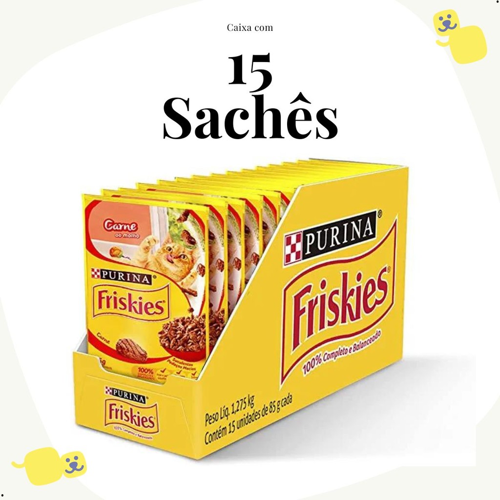 Kit 15 Unidades Sachê Friskies Alimento Úmido Gatos Sabor Carne Molho 85g Ração Petisco Felino Cat