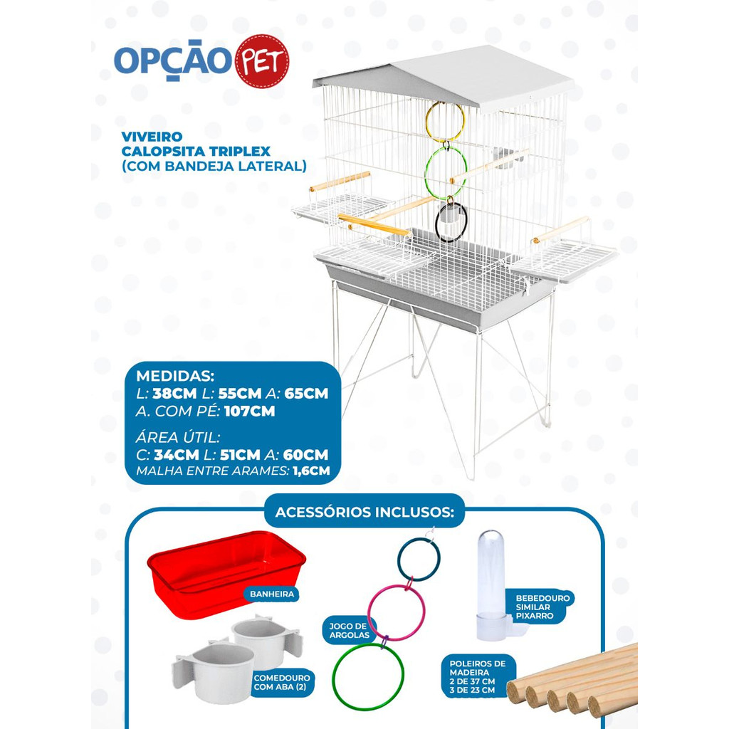 Viveiro Tríplex Grande para calopsita, papagaio e pássaros médios, com jogo de argola colorida na cor Branco - OPÇÃO PET