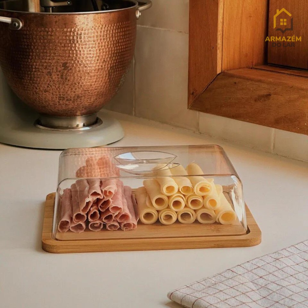 Prato de Bambu com Tampa em Plástico Porta Frios - Lyor Cozinha - Queijeira Utensílios de Cozinha