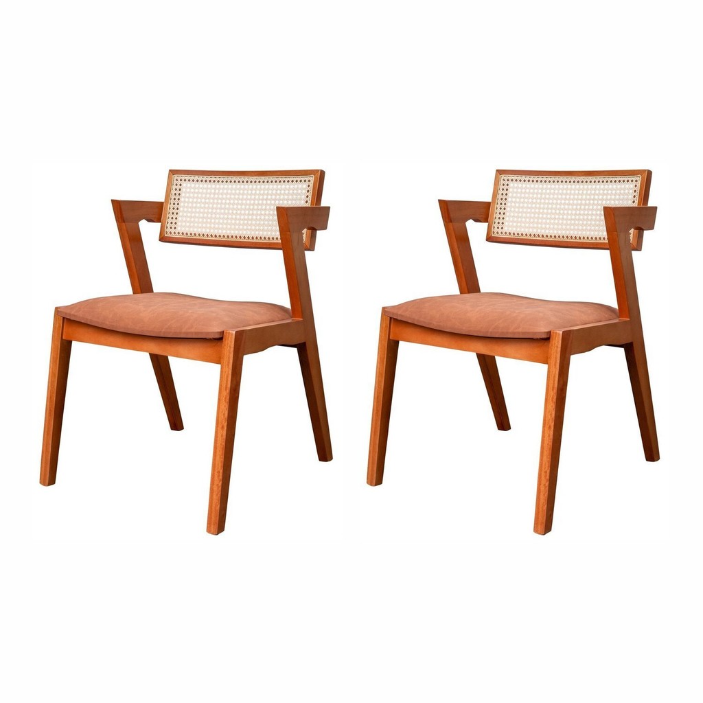 Kit 2 Cadeiras Madeira Maciça, Rattan de Fibra 100% Natural e Estofada Verona Espresso Móveis Champagne/Couro Marrom em Oferta na Shopee