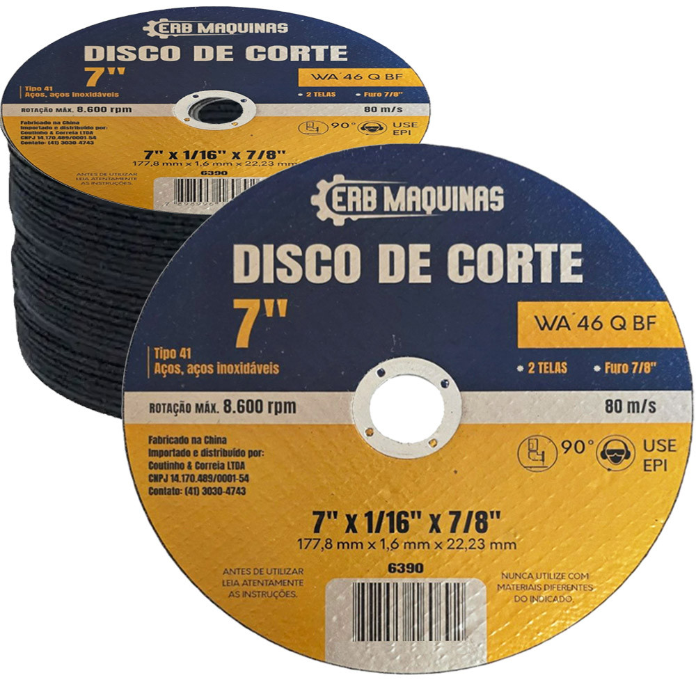Kit 50 Disco de Corte Grande Fino em Aço Inox 7" x 177x22x1,6mm Para Lixadeira Esmerilhadeira