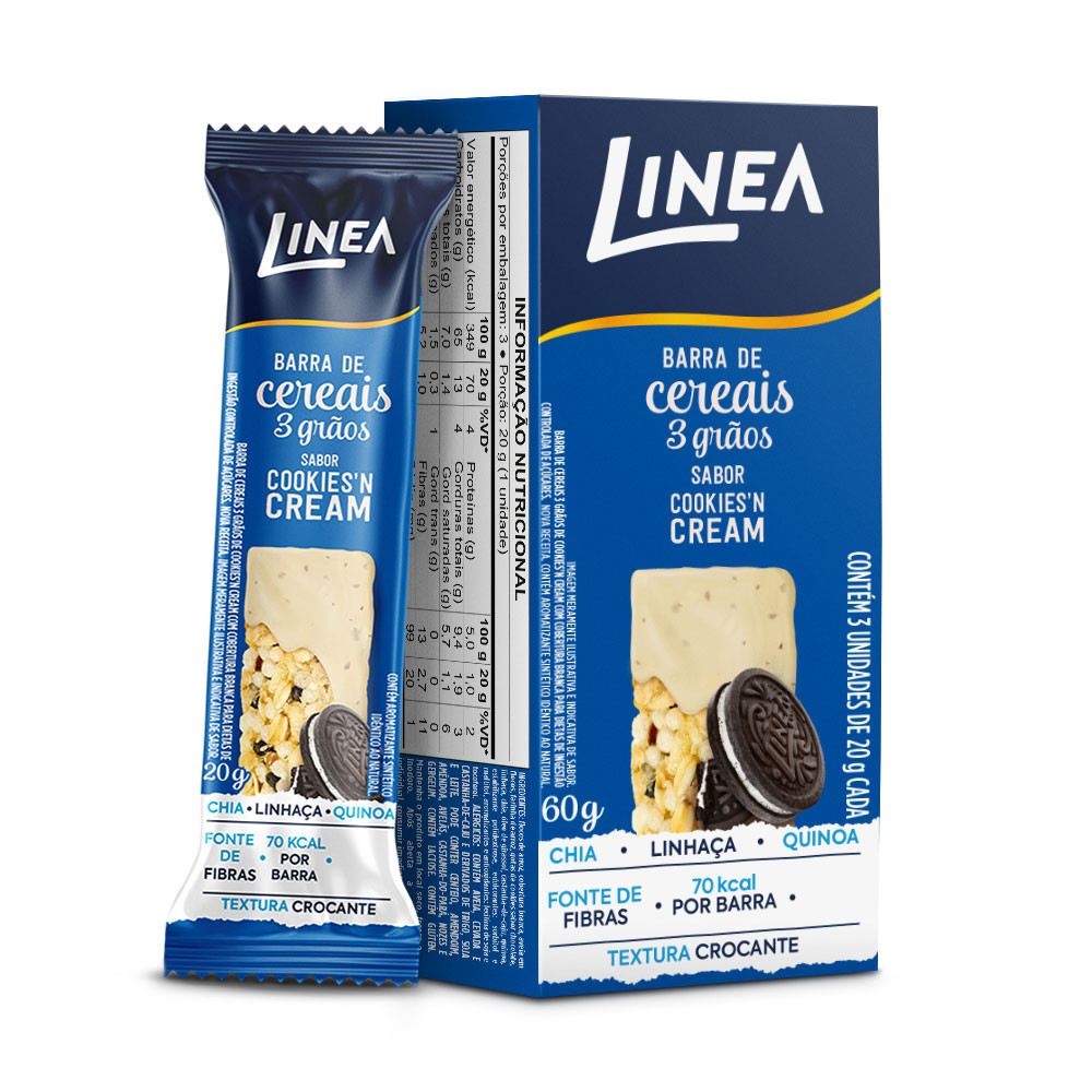 Detalhes do Kit 2 Caixas de Barra de Cereal 3 Grãos Integrais Linea Sabor Cookies’n Cream e Choconuts 3 unidades de 20g
