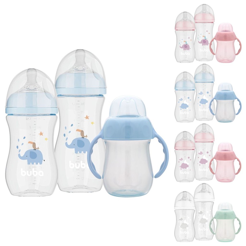 Kit 2 Mamadeiras Buba Easy Flow Anticólica 270ml 330ml e Copo de Treinamento com Alça Bico Silicone Buba 160ml