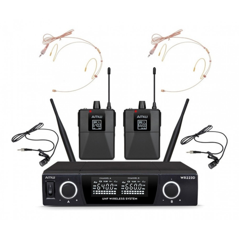 AMW BU230 Microfone Sem fio Duplo UHF Digital Bodypack + Lapela + Auricular 223 2B 2A 2L