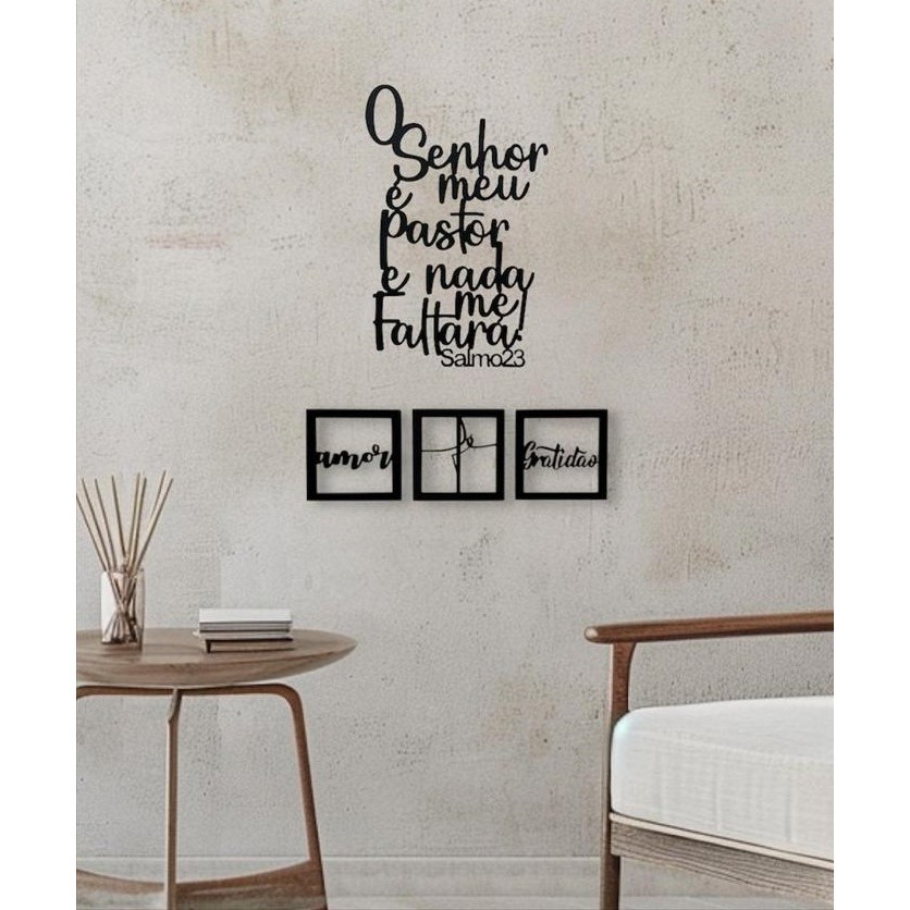 Painel Oração Salmo 23 mais Trio Fé Amor Gratidão em Relevo MDF Preto Fosco para Salas Quarto Parede