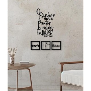 Painel Oração Salmo 23 mais Trio Fé Amor Gratidão em Relevo MDF Preto Fosco para Salas Quarto Parede