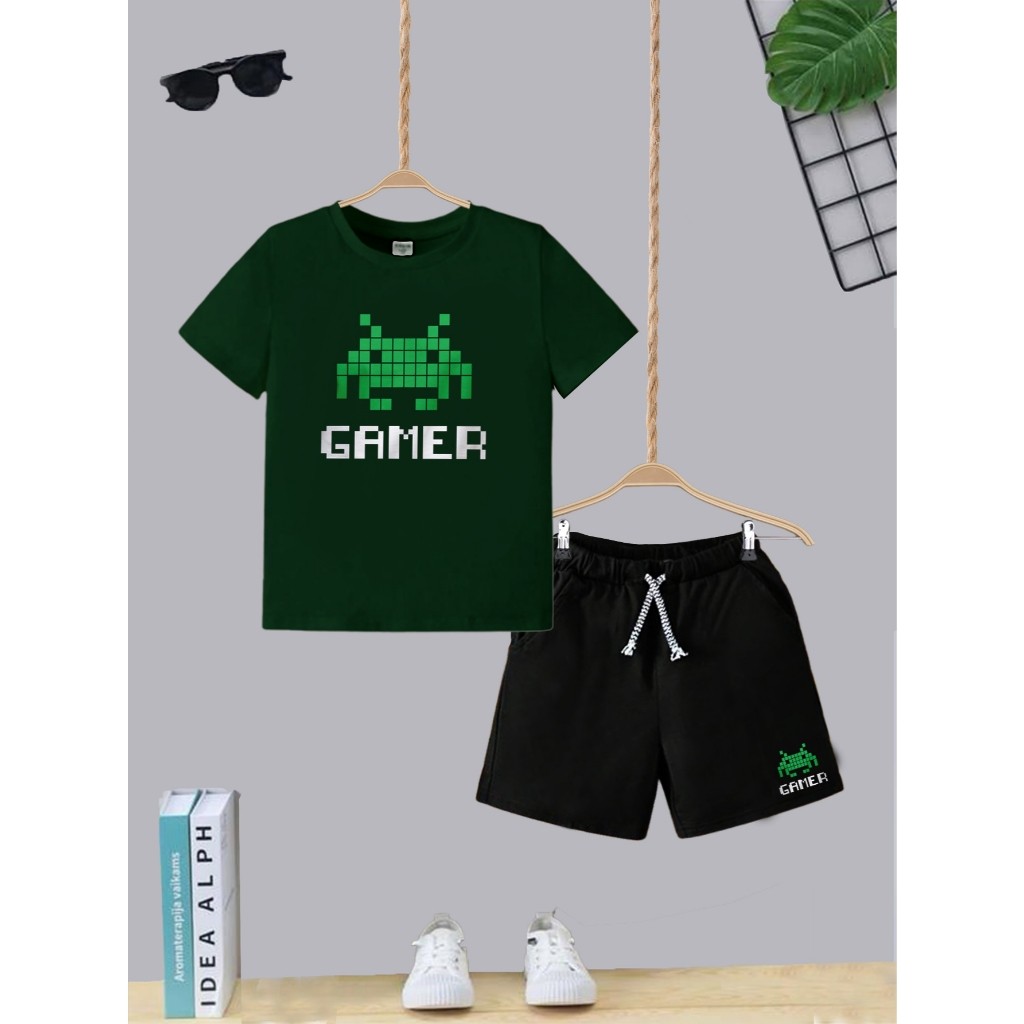 Kit Camiseta + Short com Bolso Conjunto Juvenil Infantil Algodão Confortável Gamer Roupa