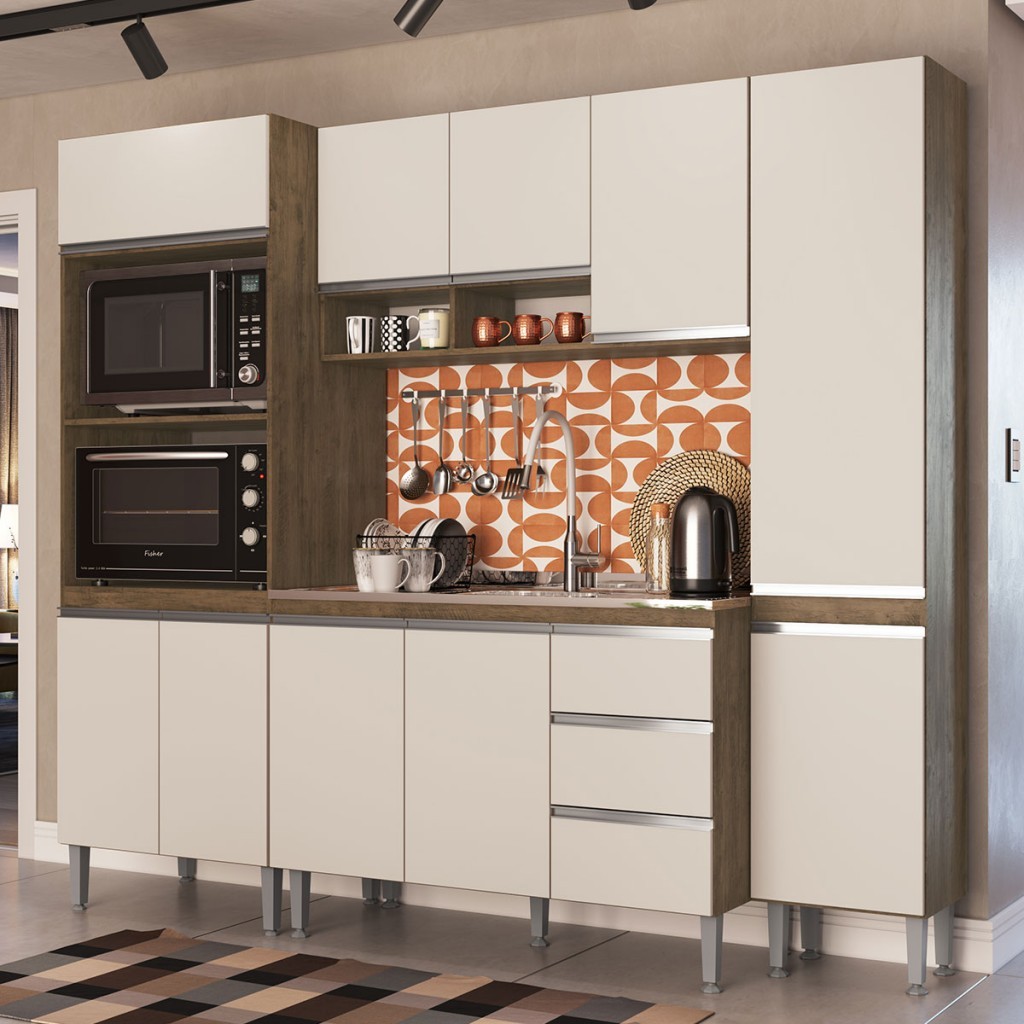Armário de Cozinha Thalia 10 Portas 3 Gavetas Itauba/Off White - Pnr Móveis